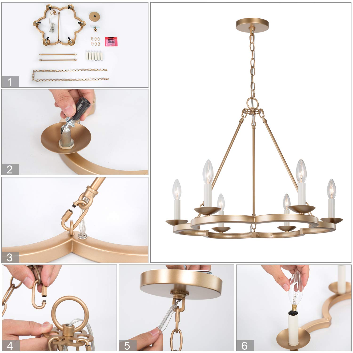 Modern Farmhouse Chandelier - Gold Wagon Wheel Ceiling Light Fixture with 6 Lights, Rustic Dining Room Chandelier for Farmhouse, Living Room & Bedroom Decor | Perfect for Country Homes, Restaurants and Cabin Lighting