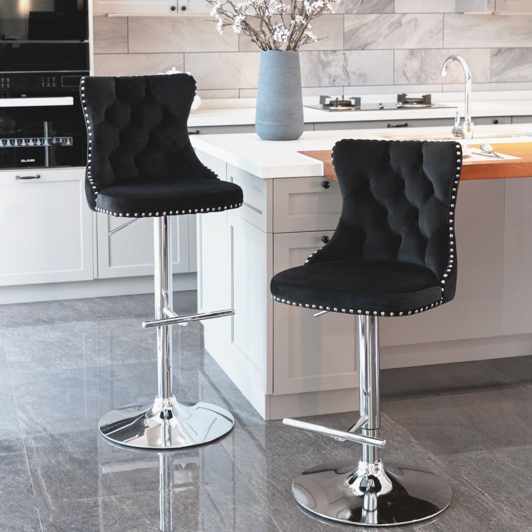 Adjustable Height Swivel Bar Stool with Footrest - Velvet Upholstery & Chrome Base - Modern Kitchen Island & Home Bar Stool - Black