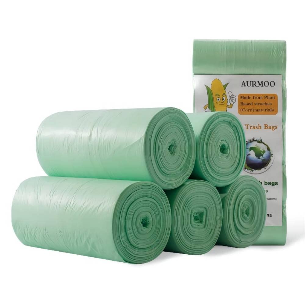 AURMOO 4-6 Gallon Compostable Trash Bags - 150 Count Biodegradable Kitchen Waste Bags, Eco-Friendly Garbage Can Liners for Organic Waste (Green, 50x60cm) - Perfect for Kitchen, Office, Living Room & Outdoor Composting
