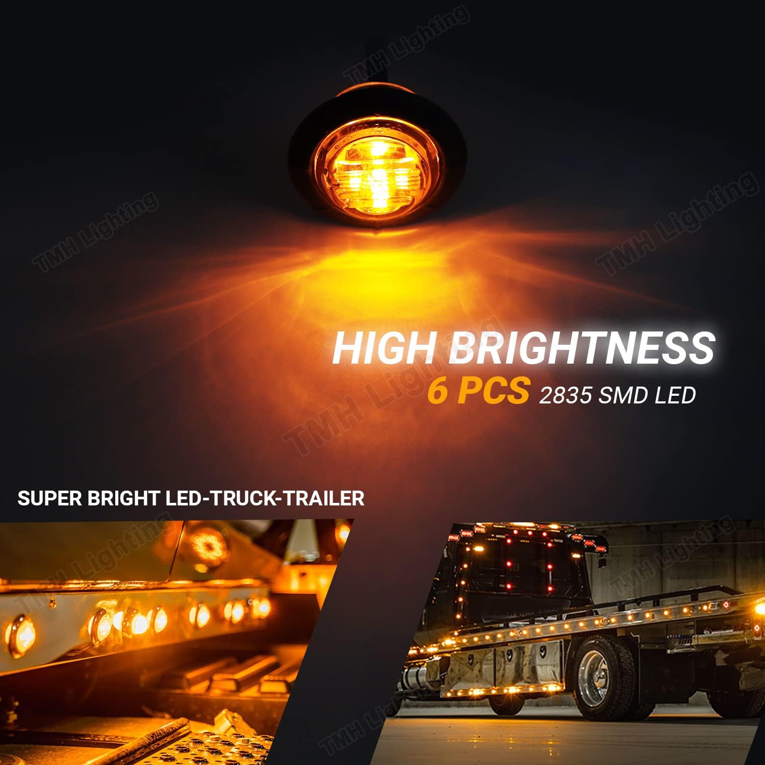 TMH 1-1/4 Inch Round 6 LED Bullet Clear Lens Amber Side Marker Lights - 12V DC Indicator & Clearance Lights for Trucks, Trailers, RVs, Buses, Mack, Dump Trucks & Pickups (10 Pack) - Perfect for Road Safety & Nighttime Visibility