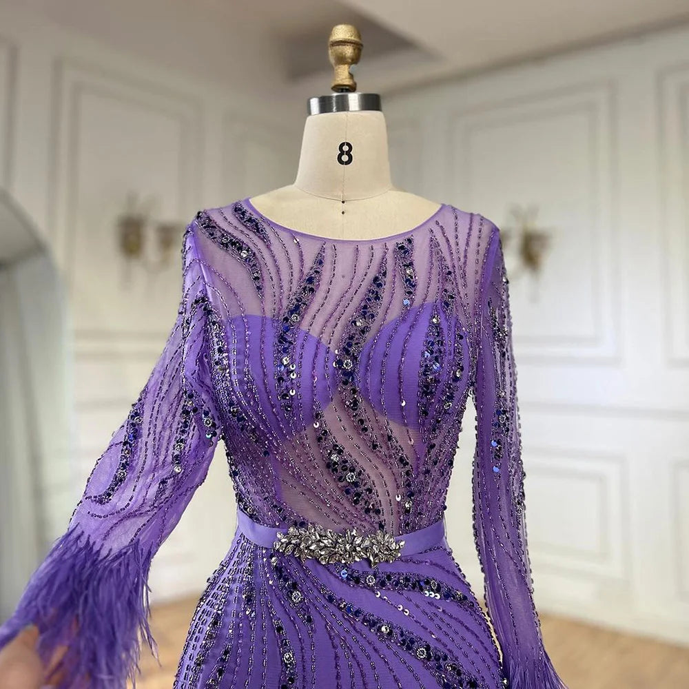 Elegant Mermaid Evening Dress with Beaded Feathers - Arabic Purple Luxury Gown for Women's Wedding, Prom, Gala & Special Occasions | LA72367