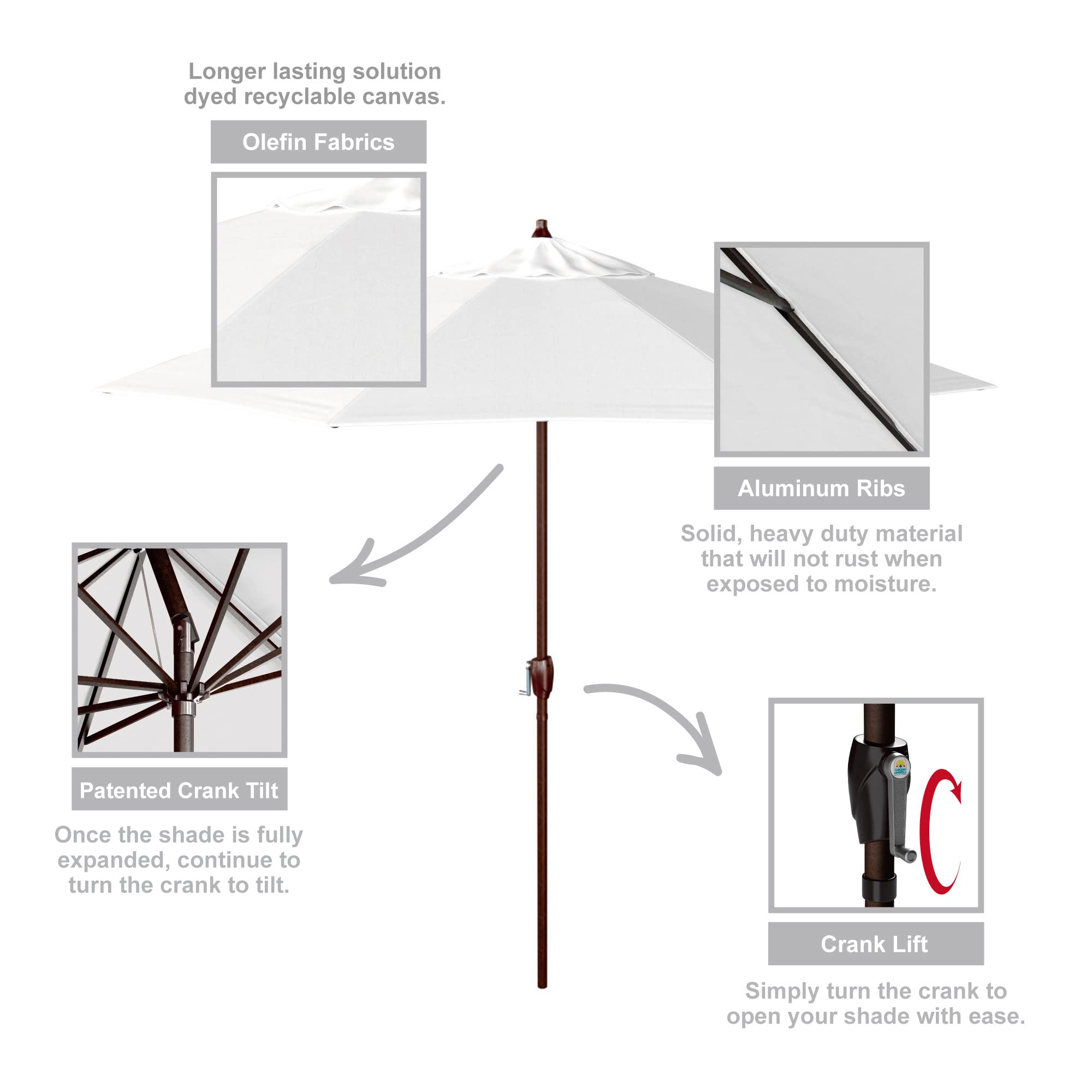 9' Round Aluminum Market Umbrella with Crank Lift & Auto Tilt - Bronze Pole & White Olefin Canopy - Perfect for Patio, Garden, and Outdoor Dining in California