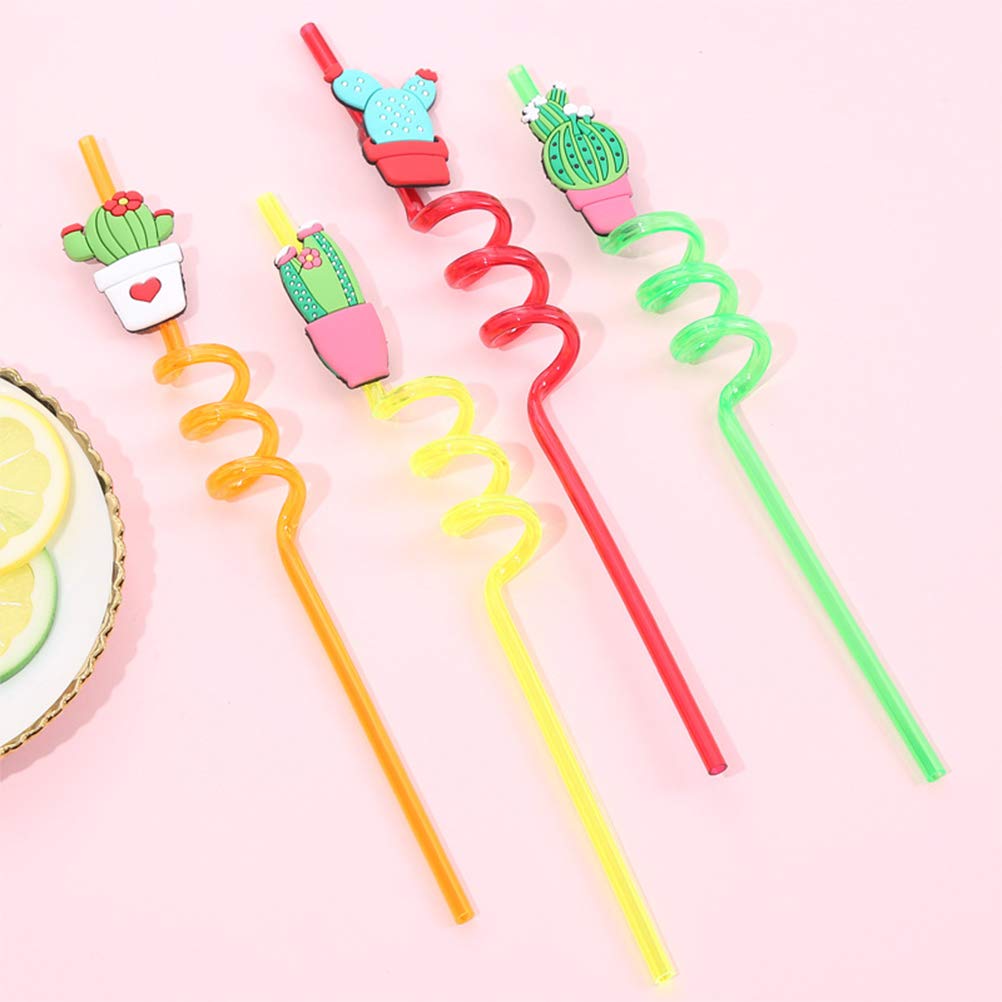 DOITOOL 16PCS Reusable Kids Drinking Straws - Colorful Twisted Loop Swirl Straws for Smoothies, Juices & Milkshakes | Fun Cactus & Prickly Pear Designs for Children's Parties & Home Use