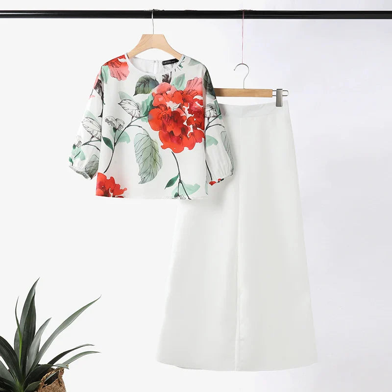 Stylish Women's 3/4 Sleeve Blouse & Wide Leg Pant Suit Set - ZANZEA 2-Piece Casual Printed Tracksuit for Summer | Perfect for Office Wear, Vacation Outfits & Casual Street Style