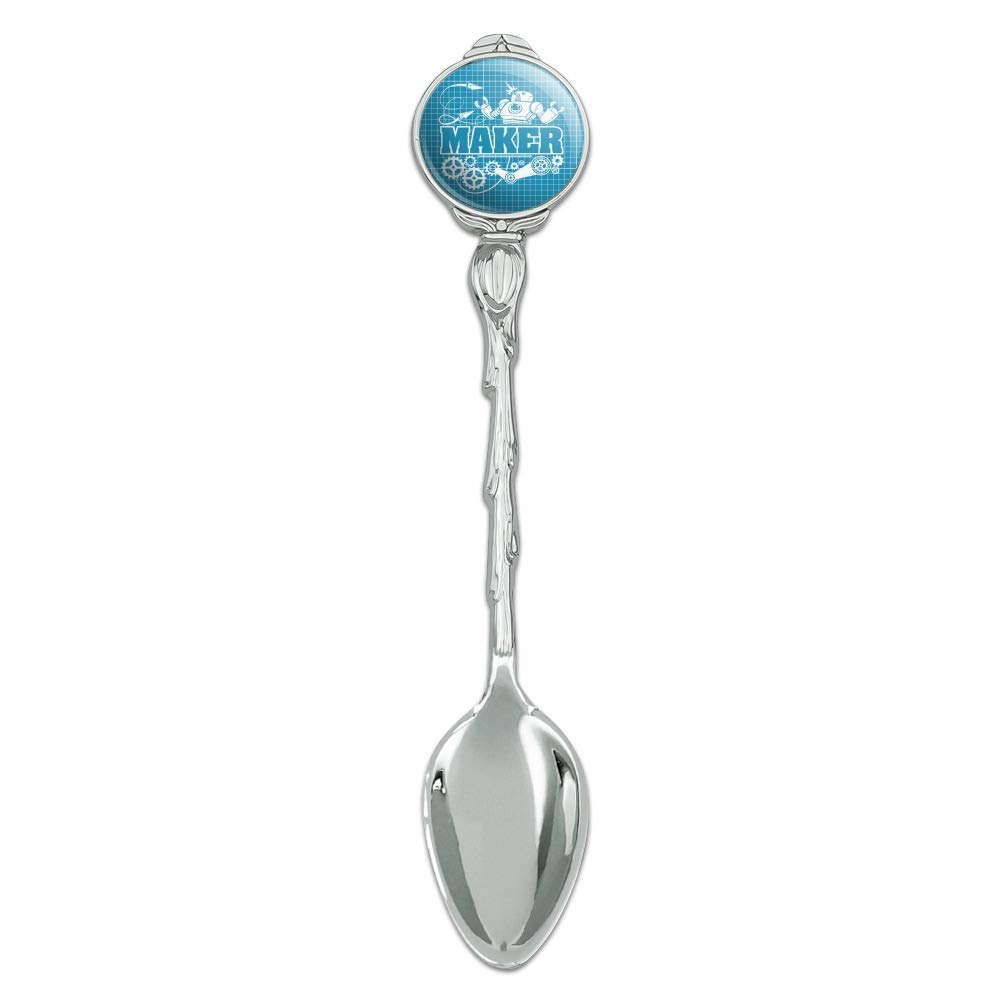 Robot and Gears Themed Maker Blueprint Design Novelty Collectible Demitasse Spoon - Perfect for Tea, Coffee, and DIY Enthusiast Gift Giving