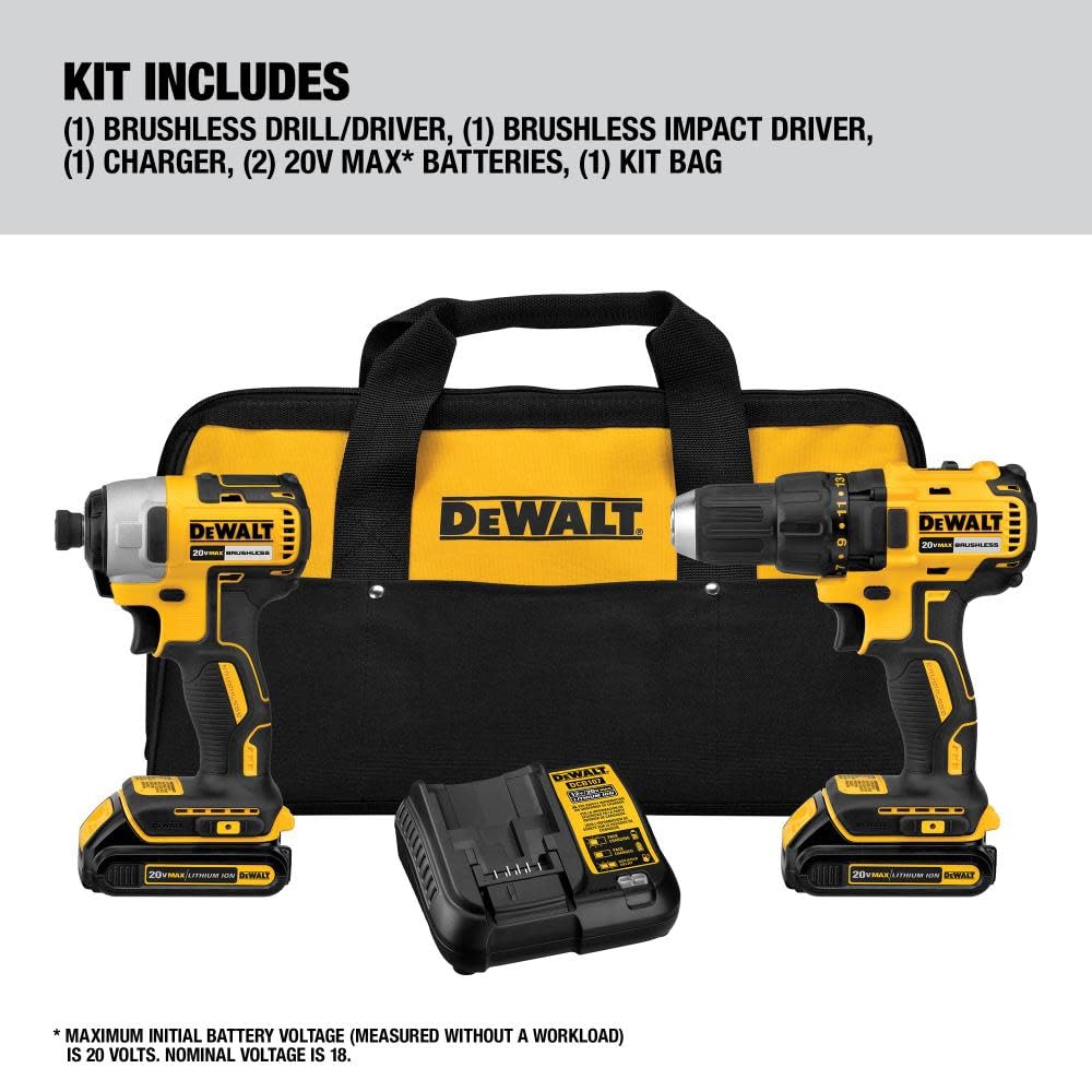 DEWALT 20V MAX* Brushless Cordless Drill and Impact Driver Combo Kit with 2 Batteries & Charger (DCK277C2) - Perfect for DIY Projects, Home Repairs, and Professional Construction Work