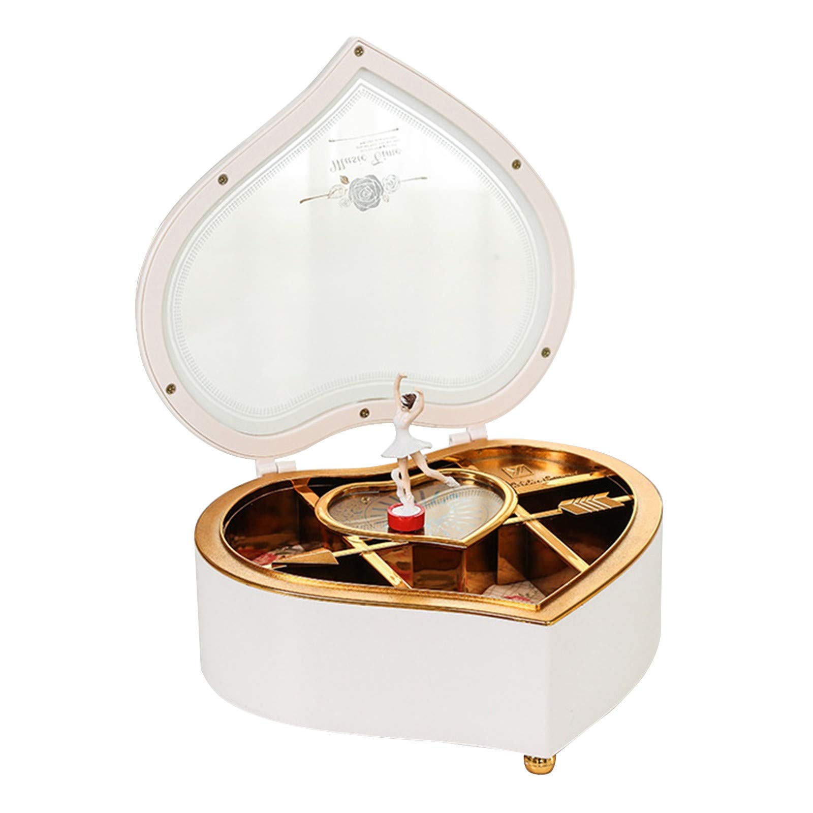 Rotating Music Jewelry Box - Peach Heart Shape Gift Box with Glass Ornaments for Christmas Decor, Home Decoration & Party Favors (White, One Size)