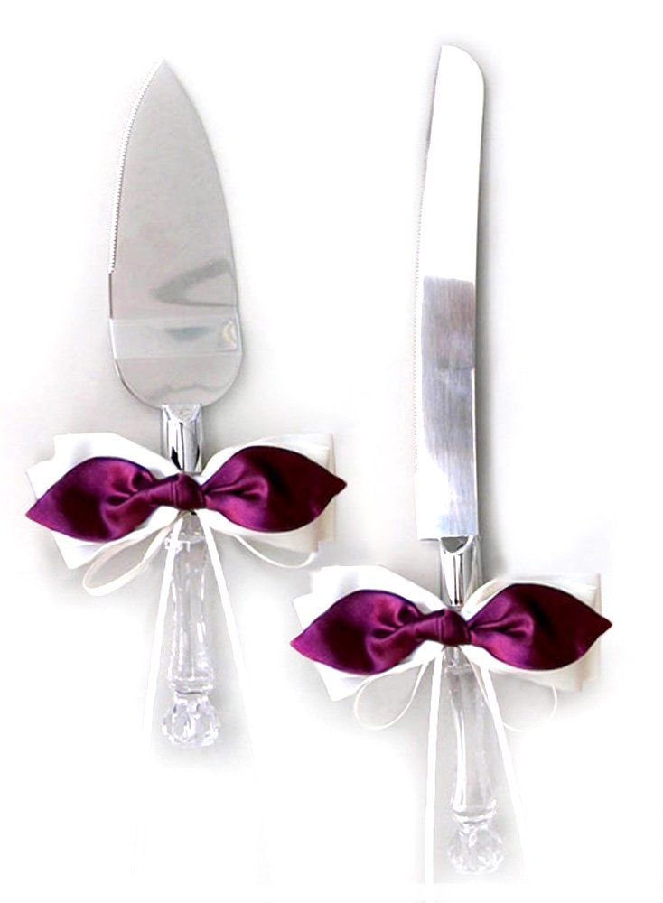 Burgundy Wine Satin Bow Ivory Ribbon Cake Knife and Server Set - Elegant Wedding Cake Cutting Set for Bridal Showers, Anniversary Celebrations & Special Occasions