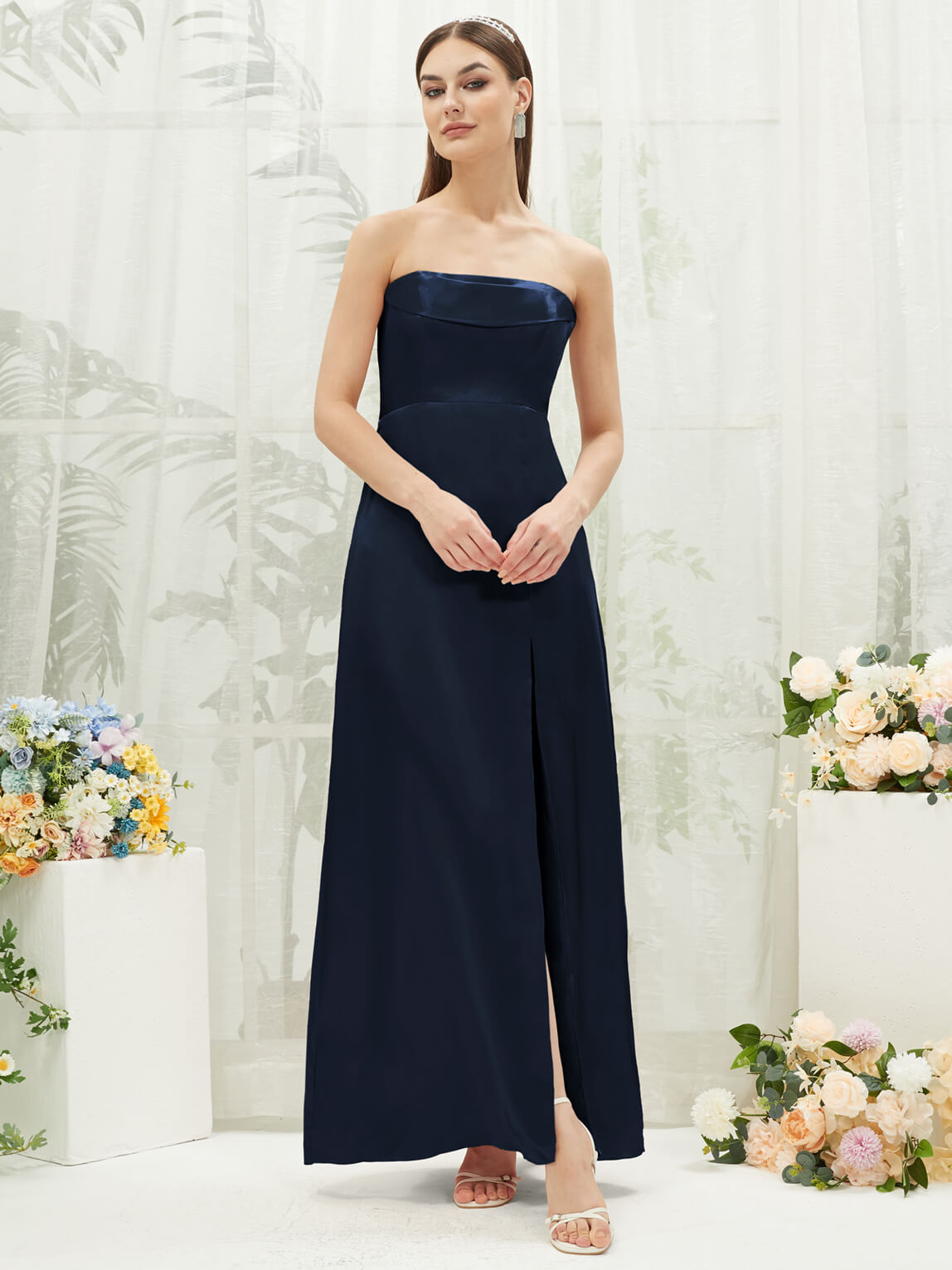 Elegant Dark Navy Satin Convertible Bridesmaid Dress with High Slit & Floor Length - Perfect for Weddings, Formal Events & Evening Parties