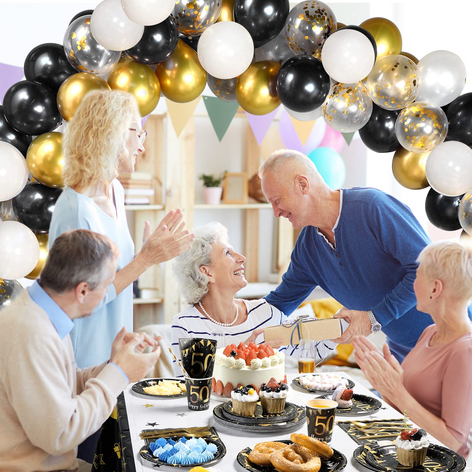 Black and Gold 50th Birthday Decorations for Men & Women - Anniversary Balloons, Tablecloth, Tableware Set for Party Guests - Perfect for Milestone Celebrations & Special Events