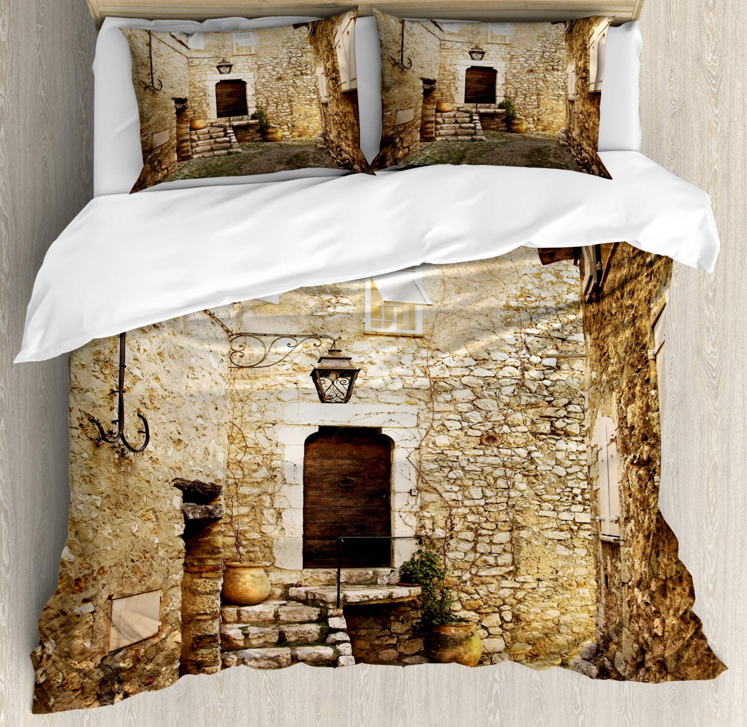 Ambesonne Vintage Duvet Cover Set - King Size 3-Piece Bedding with 2 Pillow Shams | Travel-Inspired Cobblestone Street & Sandstone Houses Design | Cream-Colored Luxury Bedroom Decor for Home, Hotel, or Airbnb Styling