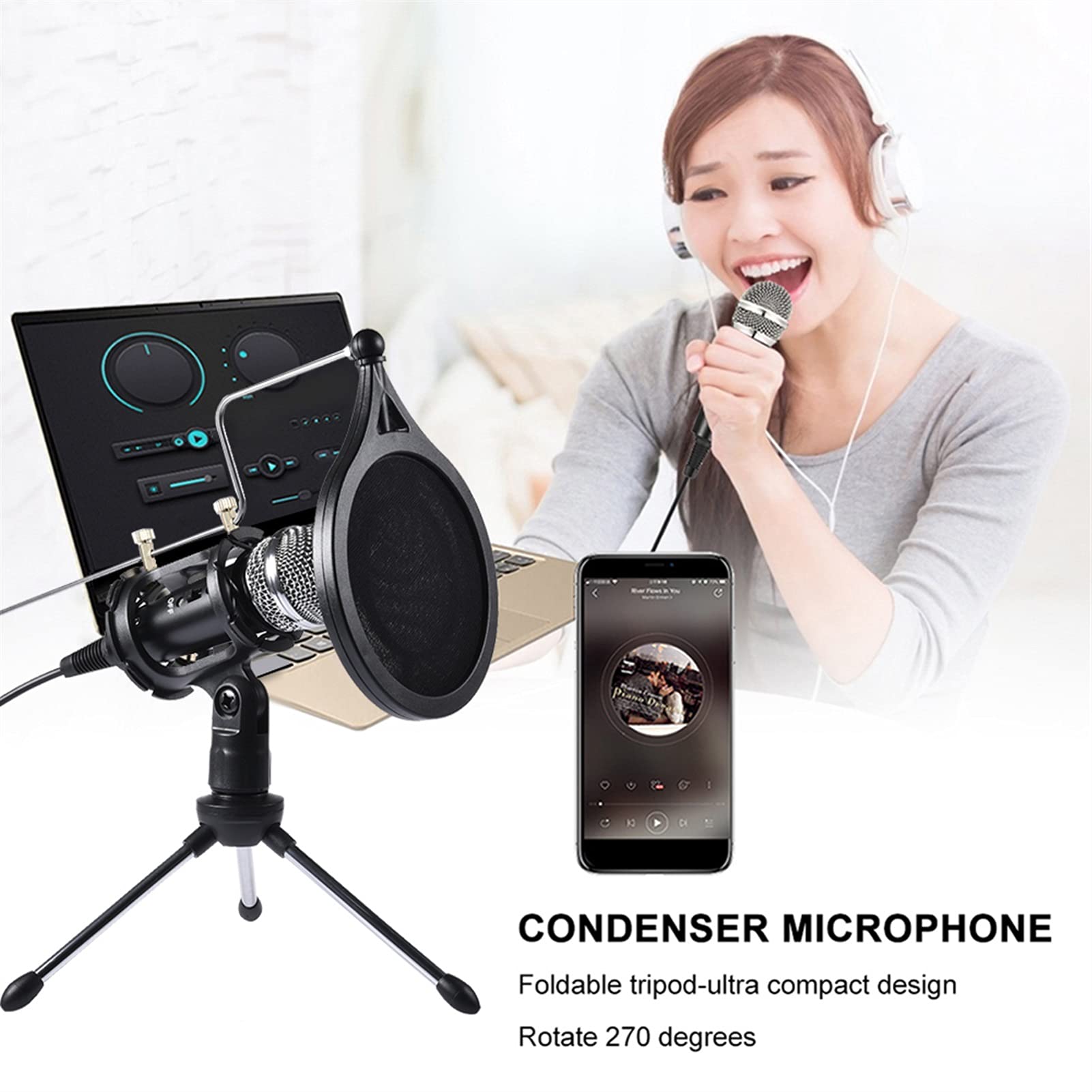 Professional Condenser Microphone with 3.5mm Jack & Adjustable Stand - Studio Quality Recording Mic for Computer, PC, Phone, KTV, Karaoke, Podcasting & Live Streaming (Black) - Perfect for Home Studios, Gaming, Voice Overs & Music Recording