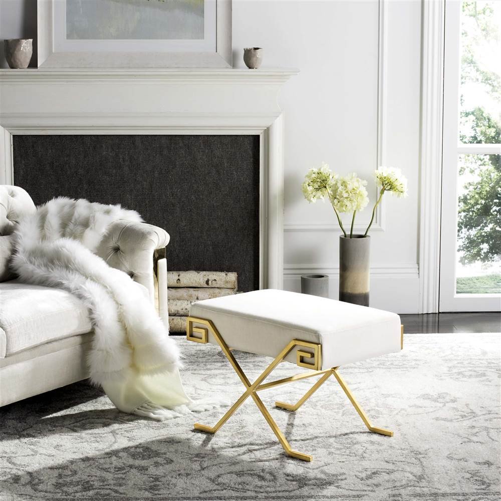 Safavieh Luna Light Beige Greek Key Upholstered Bench - Stylish Entryway, Bedroom or Living Room Seating Furniture