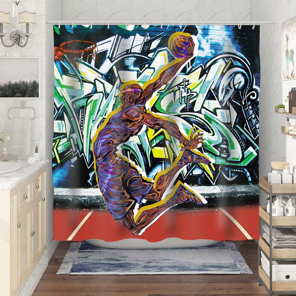 Basketball Shower Curtain - Sports Graffiti Design with High Contrast Silhouette of Dunking Athlete - 72x78 Inch Bathroom Decor for Boys, Teens & Sports Fans - Perfect for Game Room or Basketball Themed Bathroom