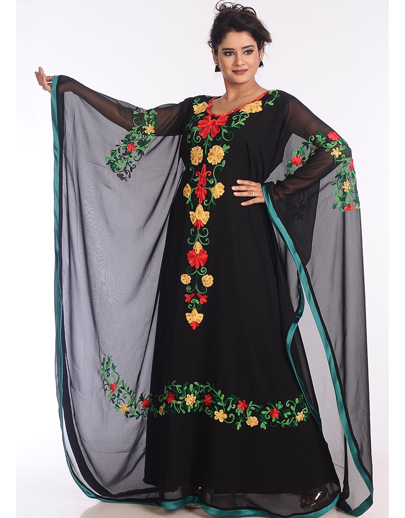 Elegant Arabic Black Georgette Farasha Dress with Hand Zari Embroidery - Perfect for Weddings, Parties & Special Occasions