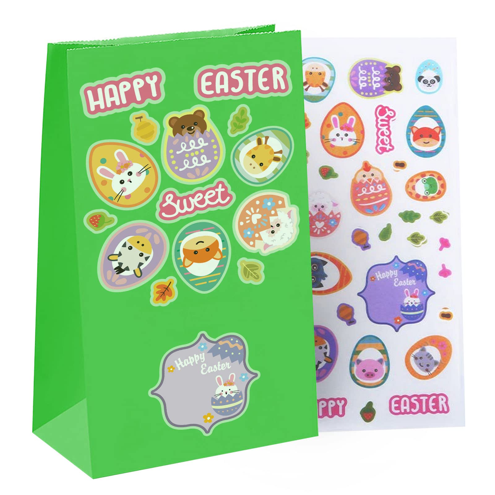 Nexmint 9-Inch Green Gift Bags (12-Pack) with 4-Sheet DIY Spring Stickers - Party Favor Bags, Treat Bags & Goodie Bags for Easter, Birthday Celebrations & Classroom Rewards