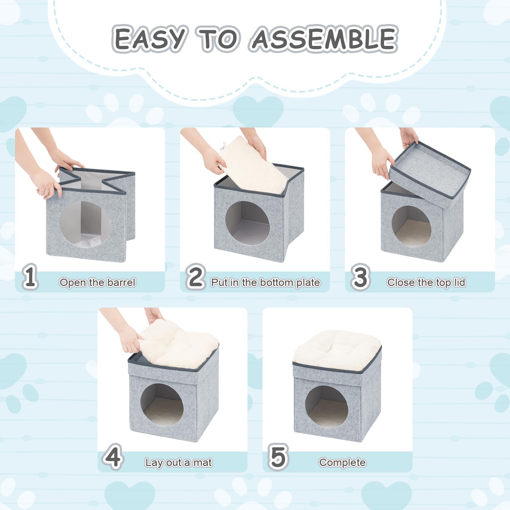 Folding Cat House Cube - Indoor Pet Bed for Cats & Small Dogs, Light Grey - Cozy Cave for Kittens & Pets