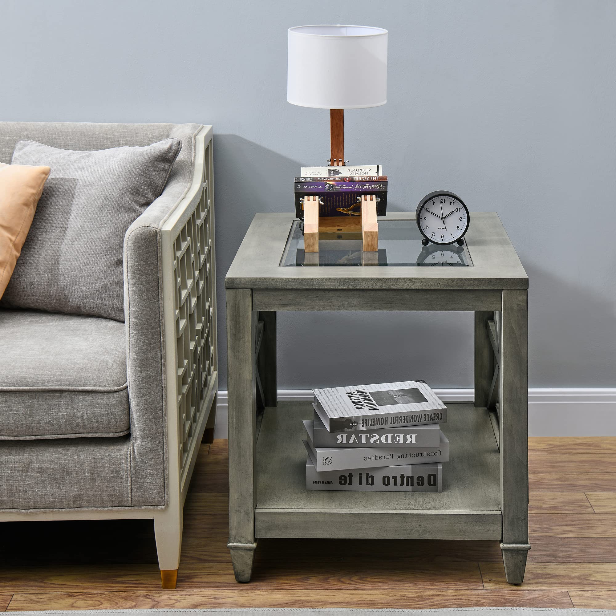 LEEMTORIG Gray Wash Solid Wood Glass End Table - Modern Farmhouse Side Table with Storage Shelf, Rustic Bedroom Nightstand (22.5