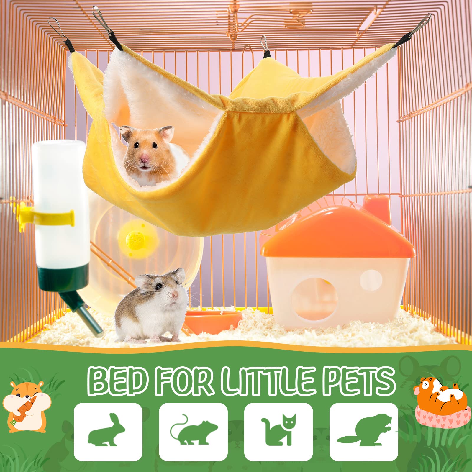 Nuogo 4-Pack Double Layer Small Animal Hammock - Ferret, Rat, Guinea Pig, Squirrel & Chinchilla Bed for Cage - Hanging Play & Sleep Accessories in Green, Blue, Gray & Yellow - Perfect for Small Pet Cages, Playtime & Cozy Napping Spaces
