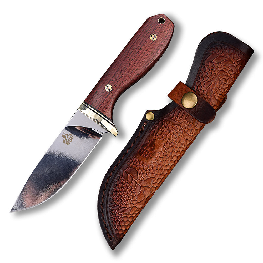 QSP Erised I Fixed Blade Knife - 9Cr14MoV High Carbon Steel Blade with Rosewood Handle & Leather Sheath - Perfect for Camping, Hunting, and Outdoor Survival