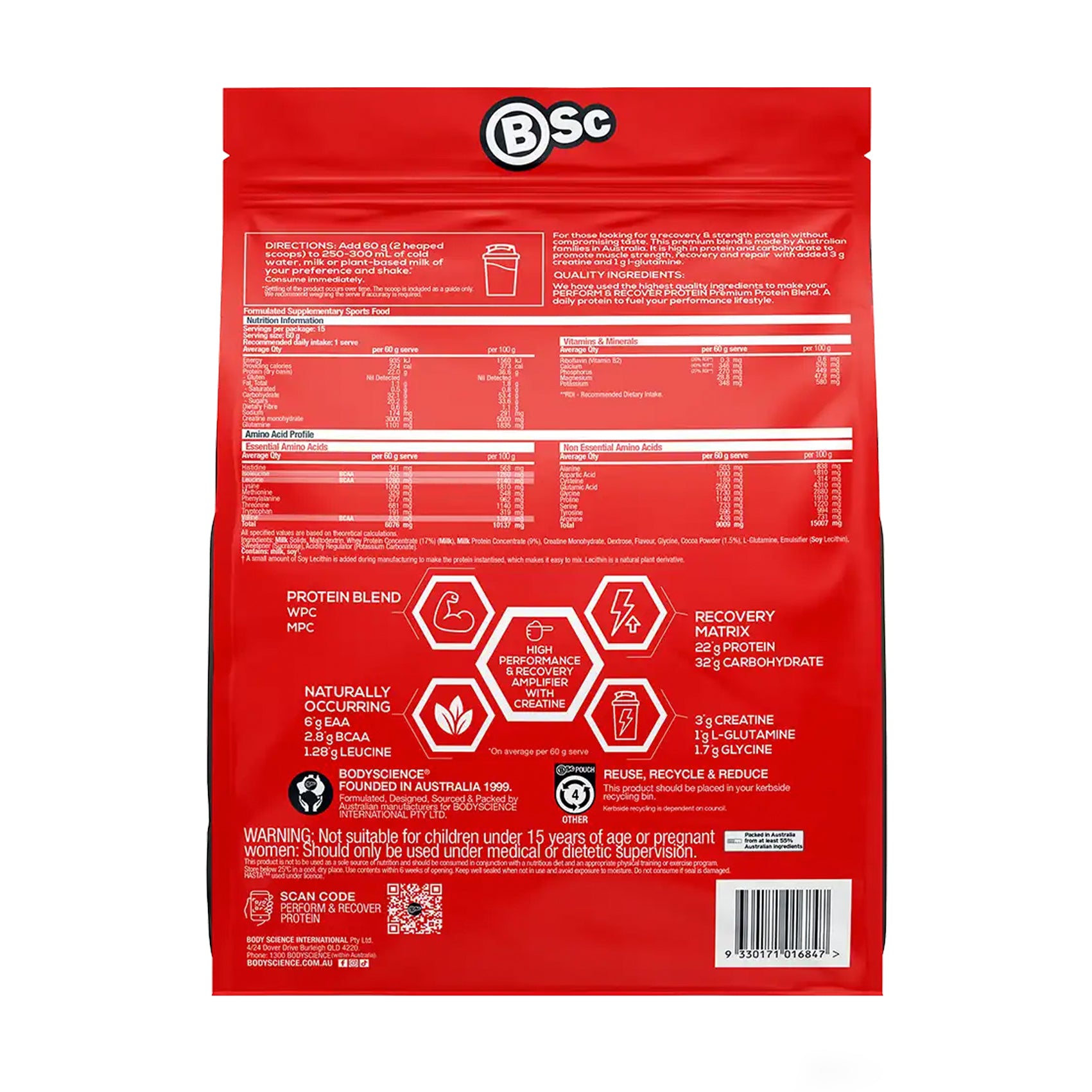 Body Science Perform & Recover Protein Powder 900g - Premium Whey Protein for Muscle Recovery & Performance - Ideal for Post-Workout, Gym Training & Fitness Enthusiasts