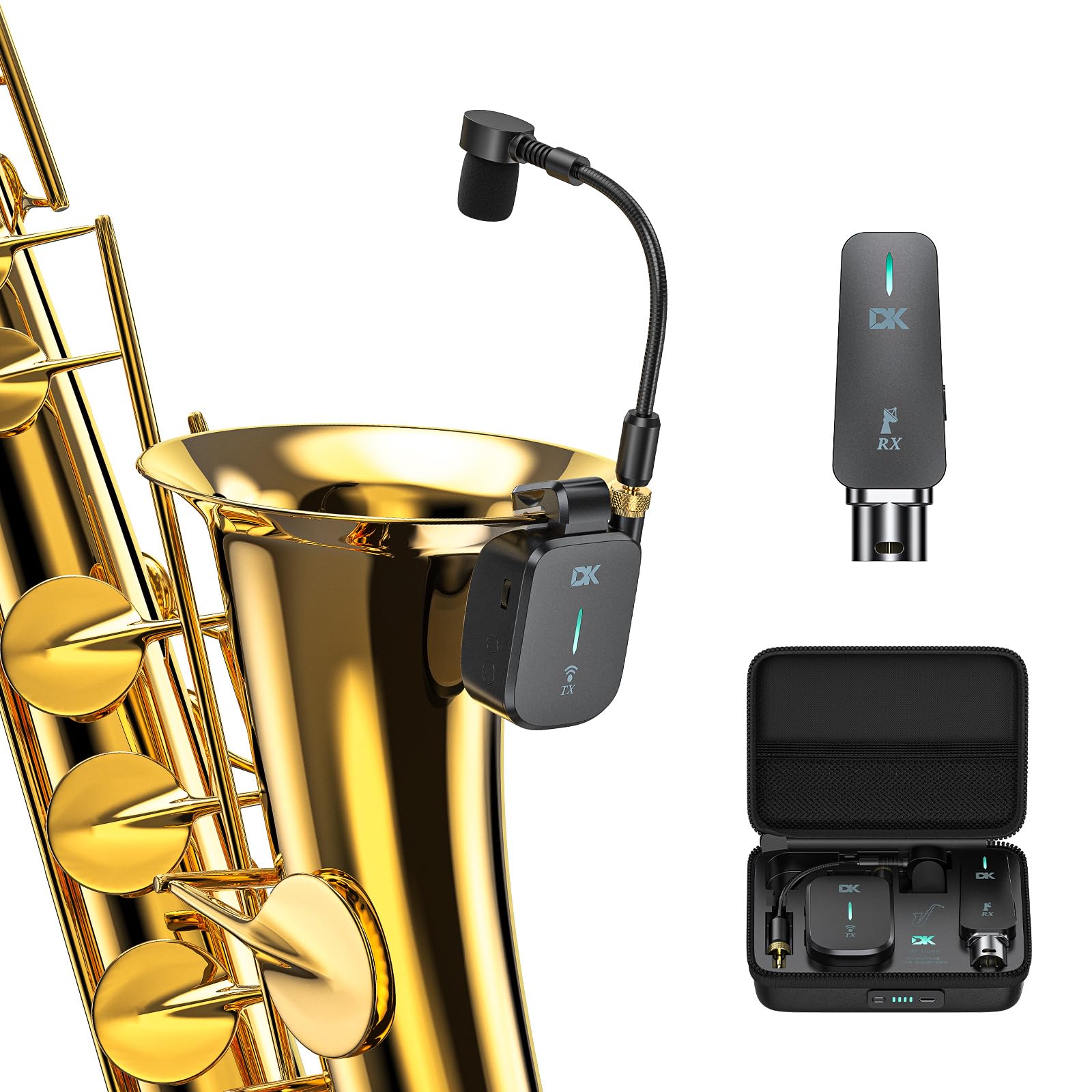 Professional UHF Wireless Saxophone Microphone System - Clip-On Rechargeable Instrument Mic with Charging Case, 3 Dedicated Sax Modes, 131ft Range for Live Performances, Studio Recording & Monitor Headphones