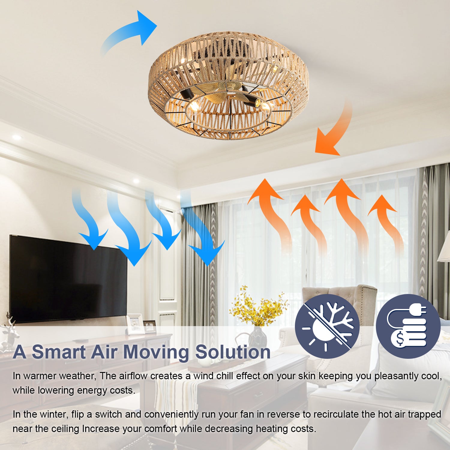 22 Inch Modern Boho Style Caged Ceiling Fan with Enclosed Rattan Blades - 6 Speed Remote Control, Reversible DC Motor - Perfect for Living Room, Bedroom & Patio Cooling