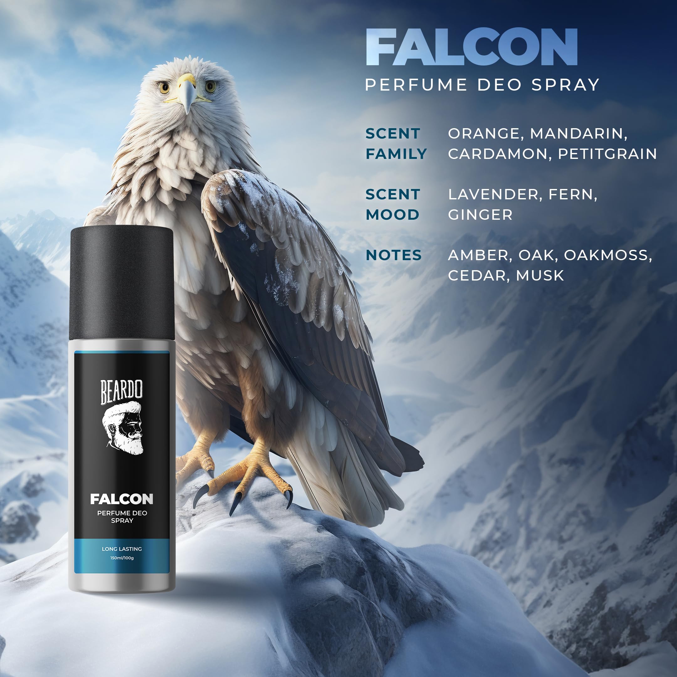 Beardo Falcon Perfume Deodorant 150ml for Men - Amber Fresh Musk Scent | Long Lasting Body Spray | Gift for Brother & Friends | Gym, Office & Date Night Fragrance