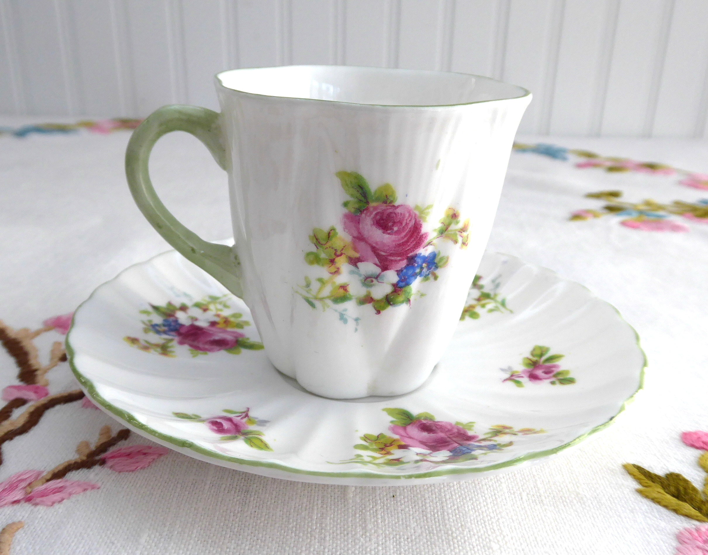 Elegant Shelley Tall Demitasse Cup and Saucer Set with Ludlow Floral Bouquet Design - Perfect for Afternoon Tea, Bridal Showers & Vintage Collections