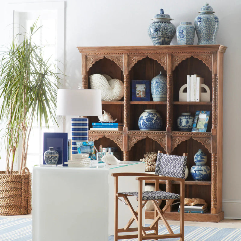 Hand Carved Wooden Bookshelf with 12 Shelves - Rustic Home Office Decor for Books, Plants & Display Items