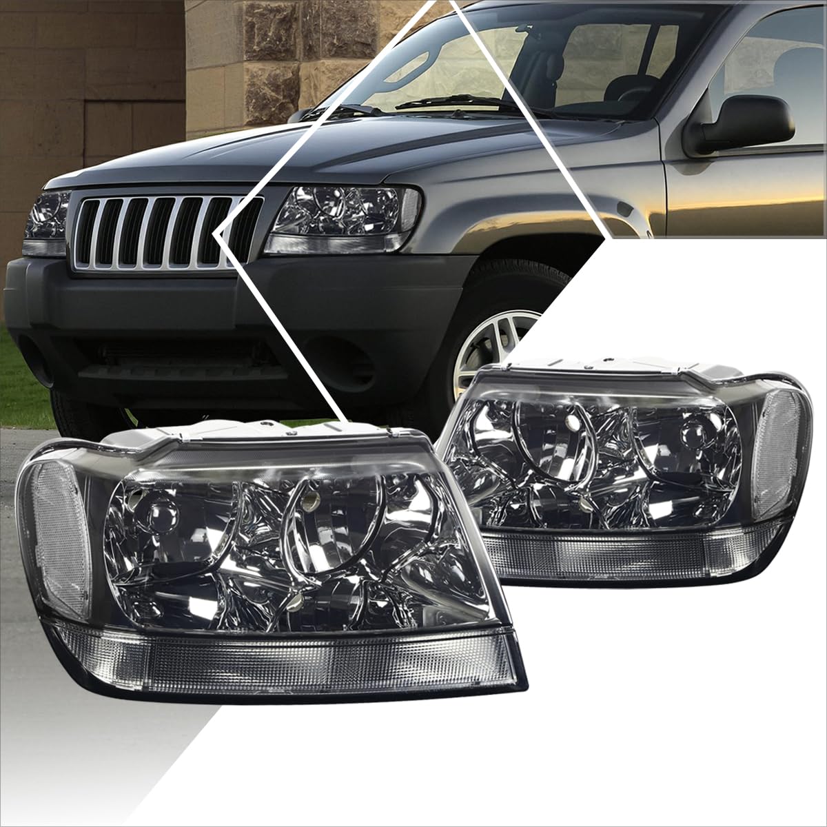 PM PERFORMOTOR Smoked Lens Headlight Assembly Set with Clear Corner - Compatible with 1999-2004 Jeep Grand Cherokee WJ - Upgrade for Night Driving & Off-Road Adventures
