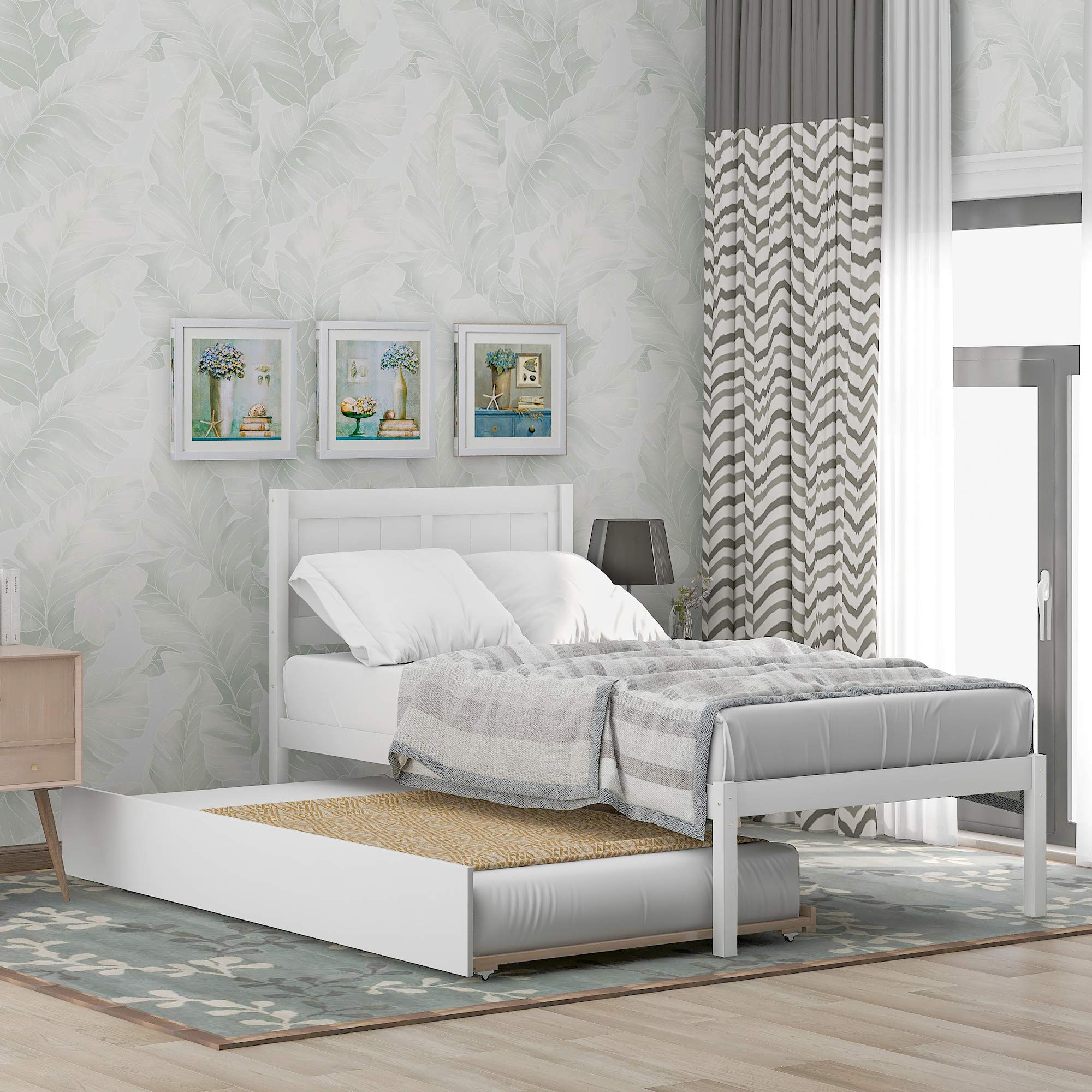 Twin Size Wooden Platform Bed Frame with Headboard & Trundle - No Box Spring Required, Easy Assembly (White) - Perfect for Kids Rooms, Guest Beds & Small Space Living