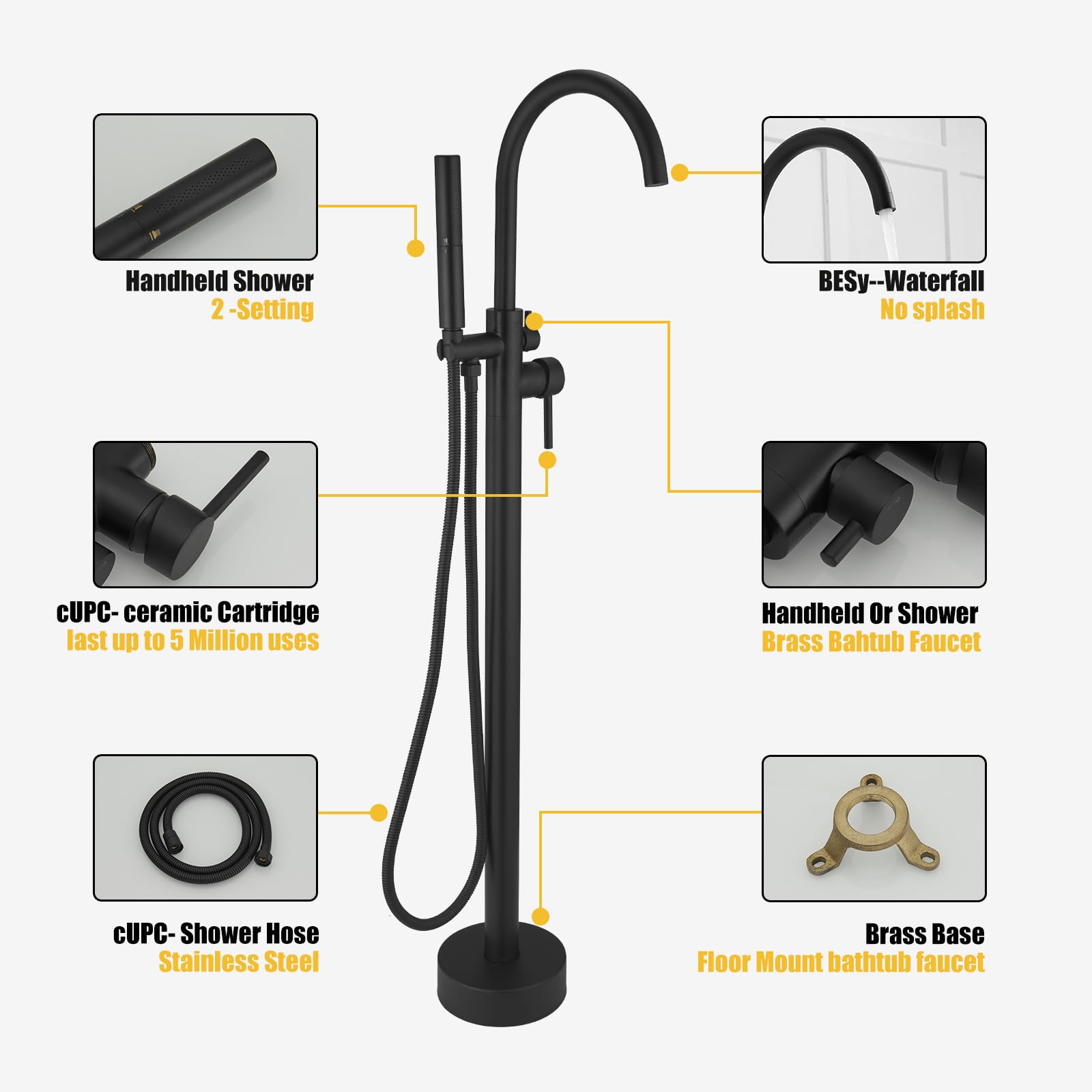 BESy Freestanding Bathtub Faucet - Floor Mount Brass Tub Filler with 2-Function Hand Shower Wand & Swivel Spout, Matte Black Finish - Perfect for Modern Bathroom Renovation and Spa-Like Relaxation