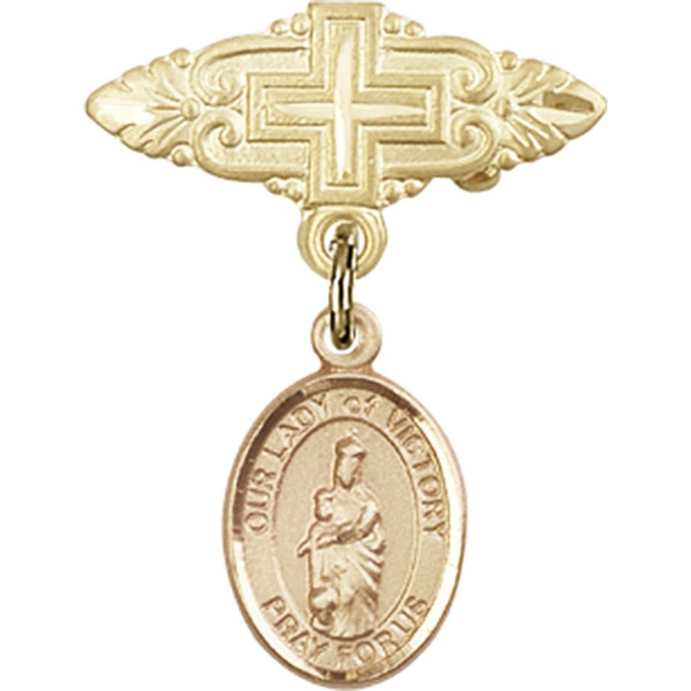 Gold Filled Religious Baby Badge - Our Lady of Victory Charm with Cross Pin (1