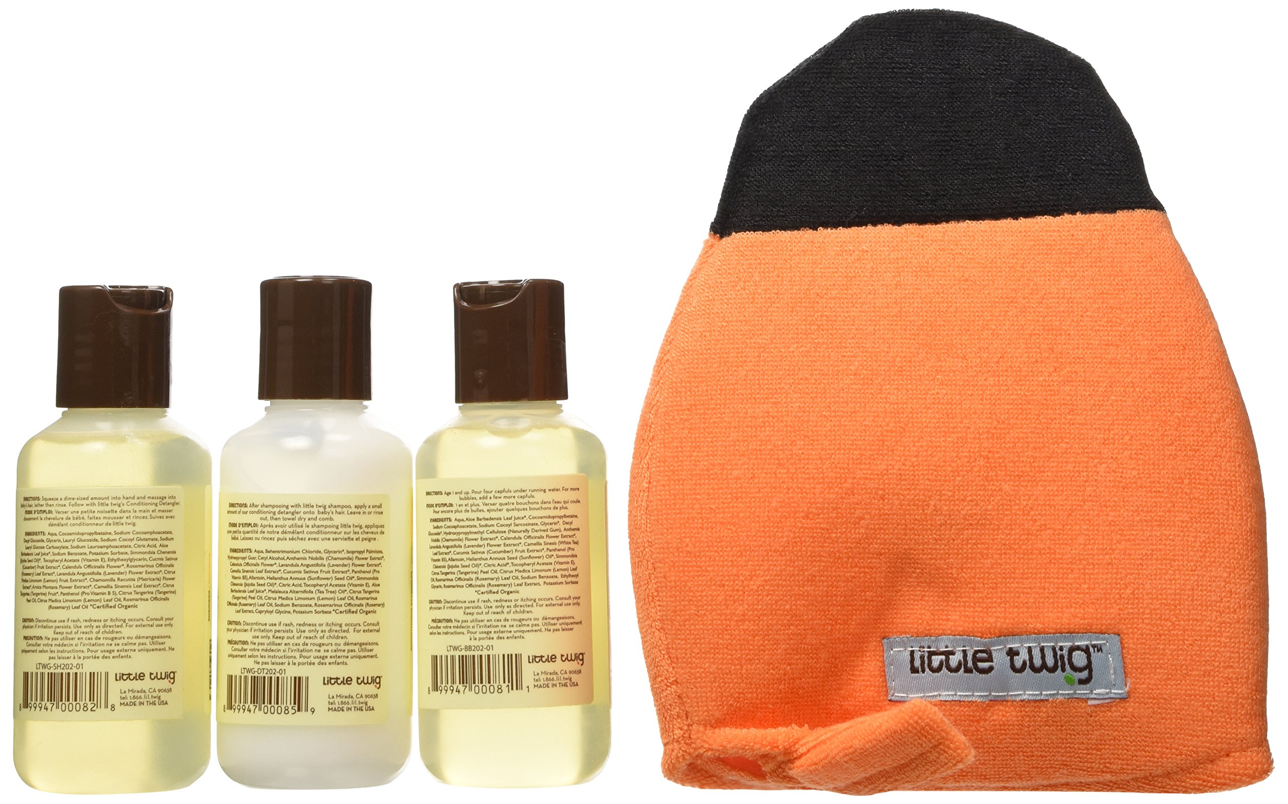 Little Twig All Natural Hypoallergenic Baby Travel Essentials Gift Set - 4 Piece Kit with Ladybug Bath Mitt, Happy Tangerine Scent (2oz Bottles) | Perfect for Newborns, Baby Showers & Traveling Families