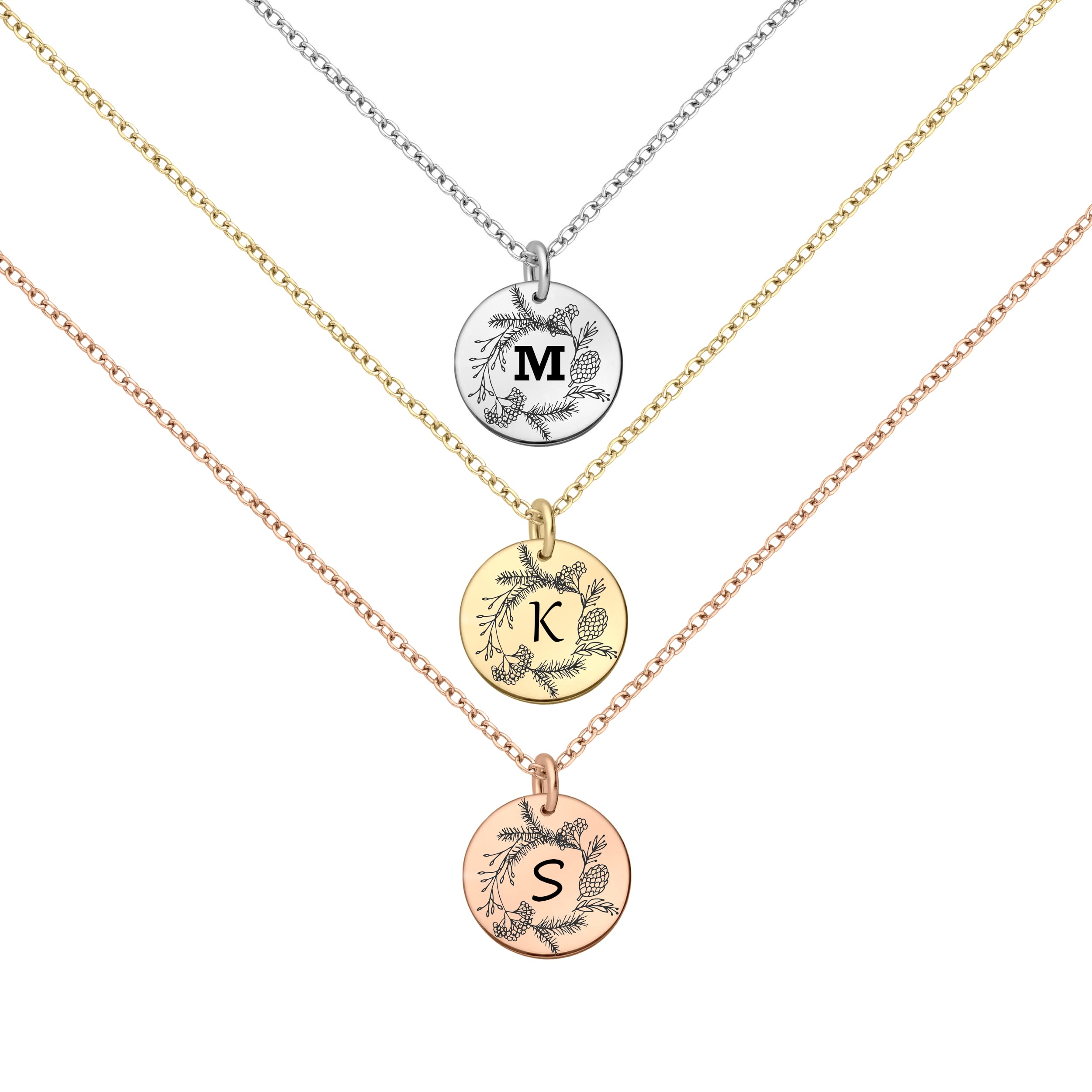 Personalized Engraved Round Disc Necklace - 14K Gold Filled, Silver or Rose Gold Pendant | Custom Initial Necklace for Women with Olive Wreath Design | 18 Inch Chain | Perfect Birthday Gift, Anniversary Present & Everyday Jewelry for Her