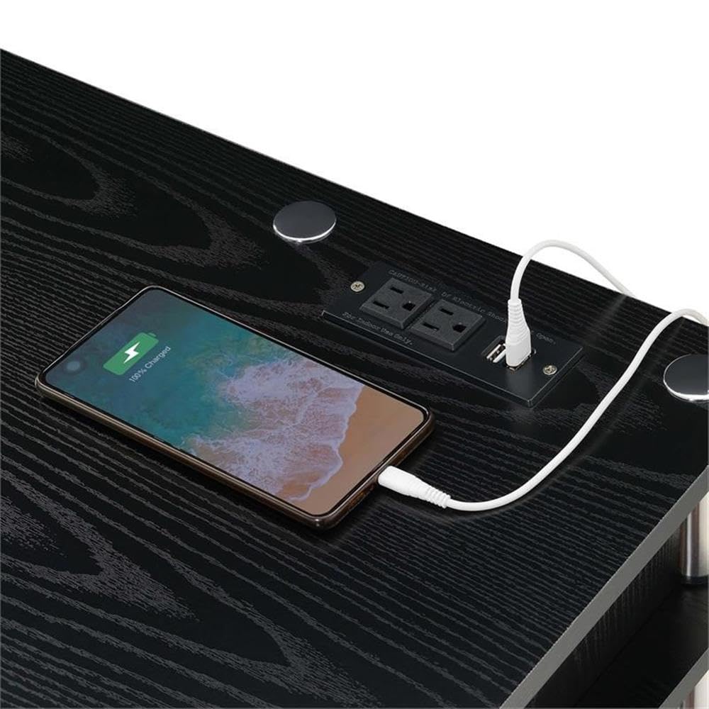 Modern Black Wood Finish Student Desk with Built-in Charging Station - Perfect for Small Spaces, Dorm Rooms & Home Office Study Areas