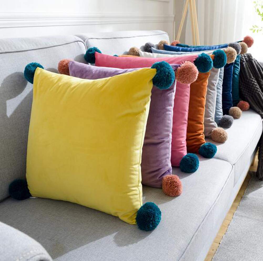 Decorative Waist Lumbar Throw Pillow - Square/Rectangle/Triangle Pom-pons Cushion Cover with Insert for Sofa, Bed & Home Decor (Yellow, 18x18 Inch) - Perfect for Living Room, Bedroom & Nursery Accents