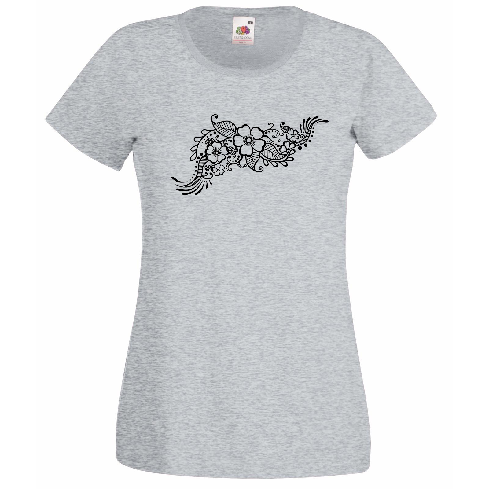 Women's Henna Floral Print T-Shirt - Ethical Symbol Tee with Indian Tattoo Design for Yoga, Festivals & Boho Fashion