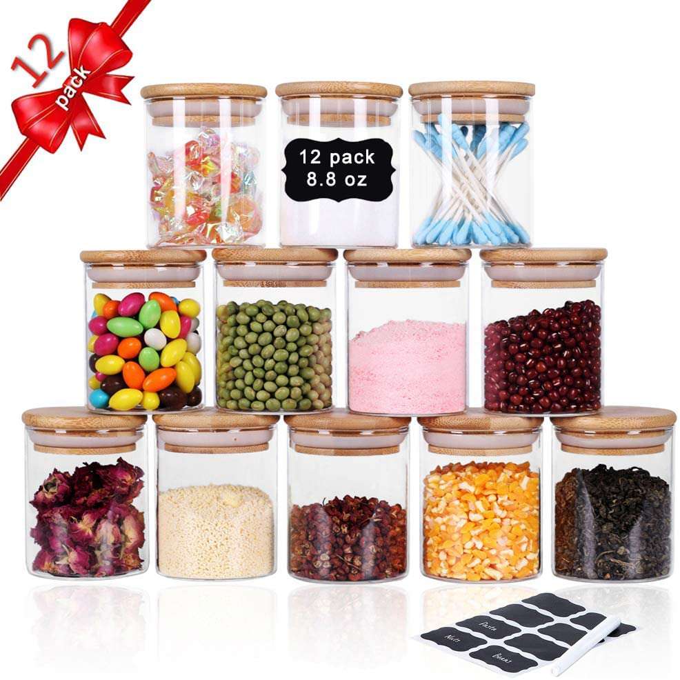 12-Piece Glass Spice Jars Set with Airtight Bamboo Lids & Labels - 250ml Kitchen Storage Containers for Herbs, Seasonings & Tea - Perfect for Pantry Organization & Home Cooking