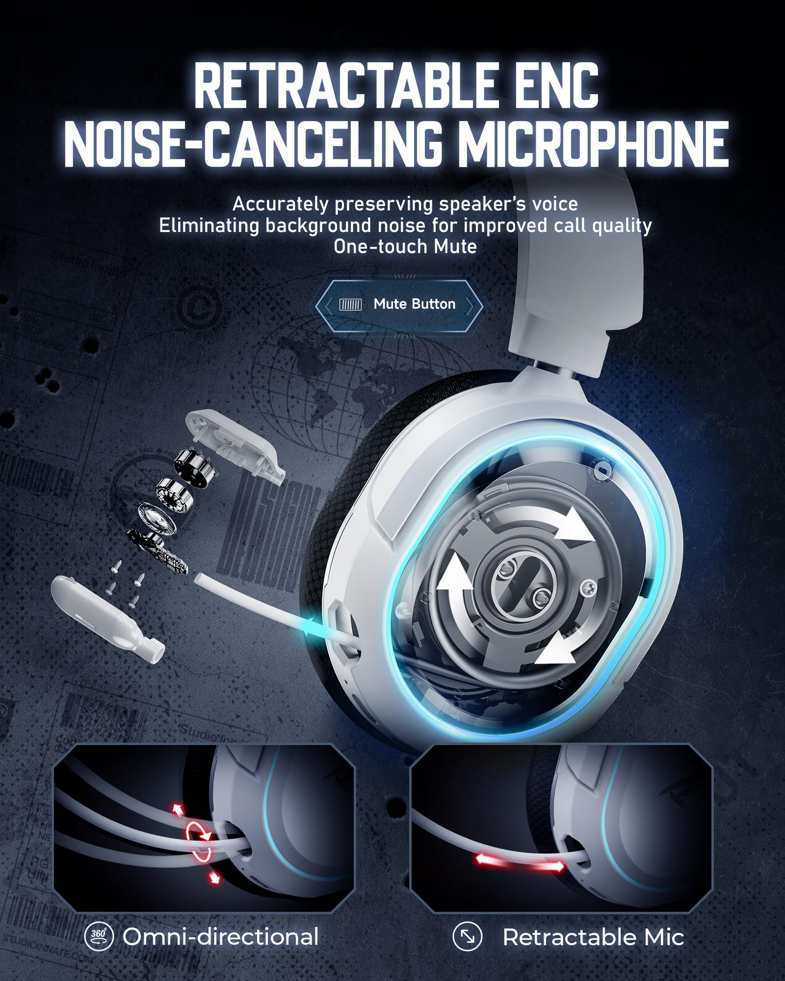 Wireless Gaming Headset with 7.1 Surround Sound - Bluetooth 5.4 & 2.4GHz USB Connection - 100H Battery Life - ENC Noise Canceling Mic - RGB Lighting - Compatible with PC, PS5, PS4, Mac & Nintendo Switch (Black-White) - Perfect for Competitive Gaming & Streaming