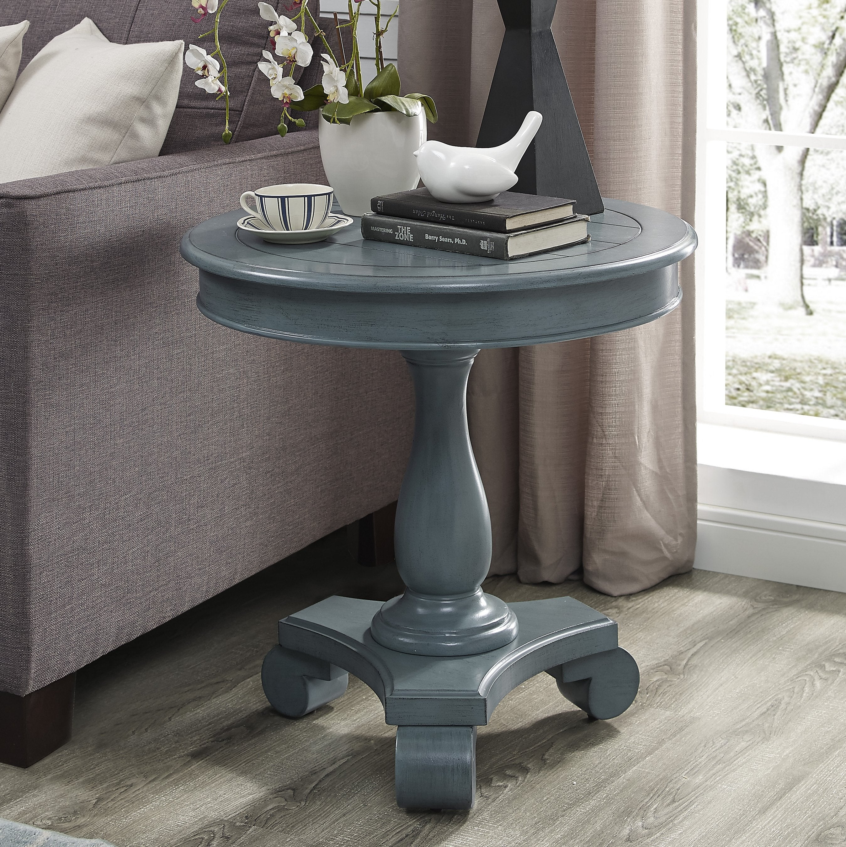 Roundhill Furniture Rene Round Wood Pedestal Side Table - Teal Finish - Perfect for Living Room, Bedroom & Office Accent Table