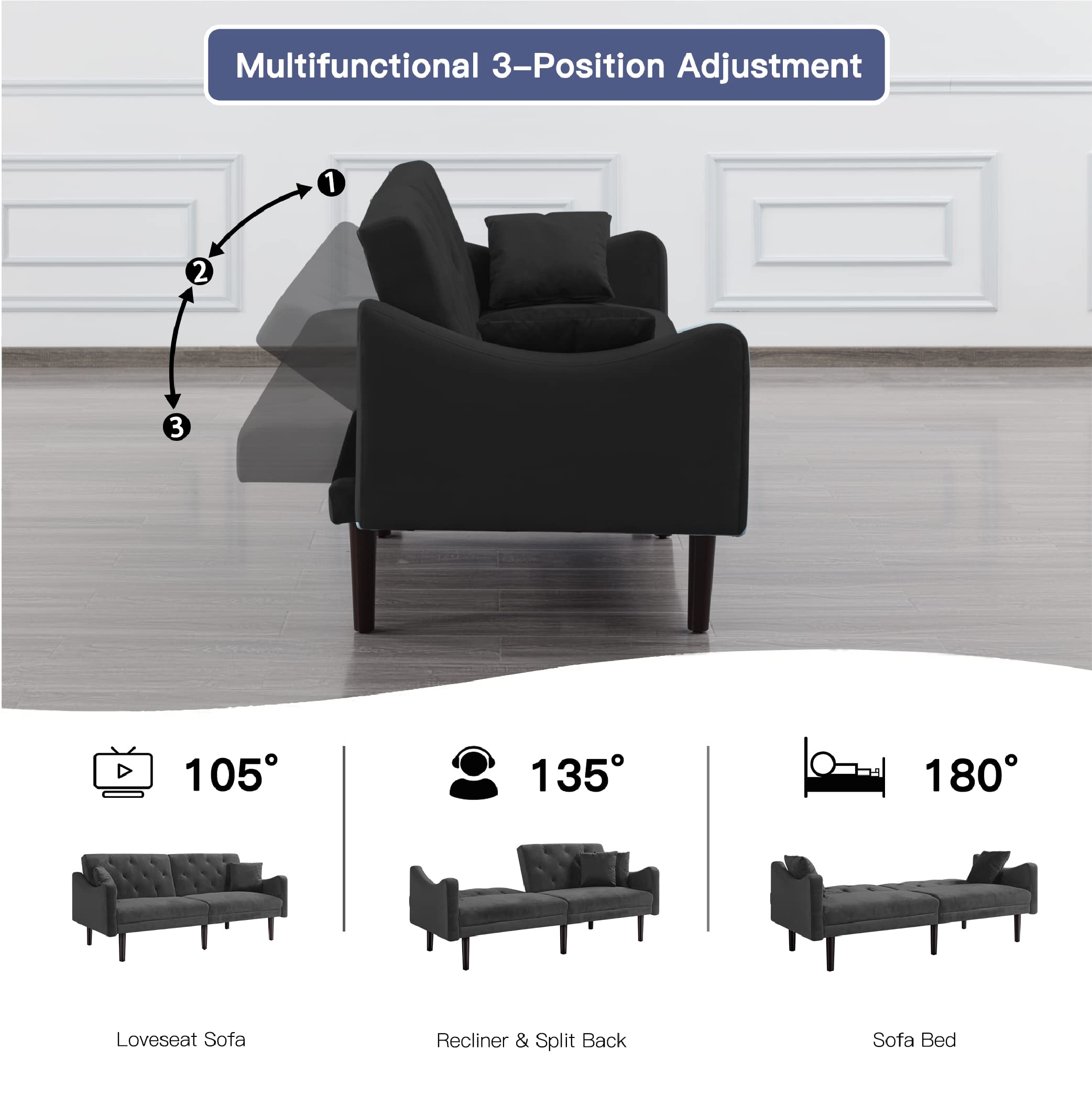 Modern Sleeper Upholstery Sofa Bed with Sturdy Wooden Frame & 2 Velvet Pillows - Convertible Futon for Small Spaces, Studio Apartments, Dorms & Living Room - Perfect for Overnight Guests & Space-Saving Solutions (Black)