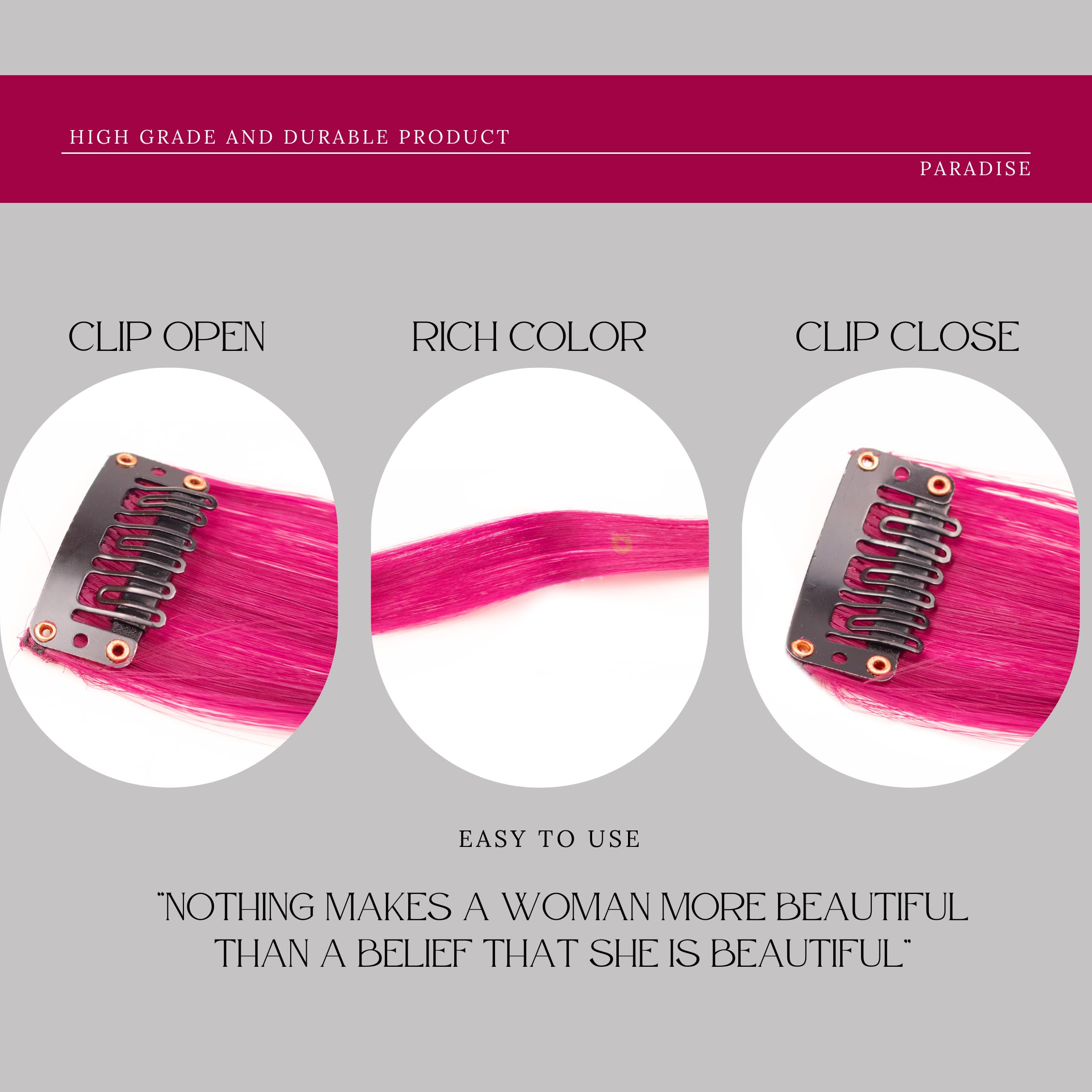 Paradise® Magenta Clip-in Hair Extensions 22 Inches - 6 Pack Straight Synthetic Hair Wefts for Women & Girls | Vibrant Colored Hair Streaks for Cosplay, Halloween, Parties & Daily Fashion Styling