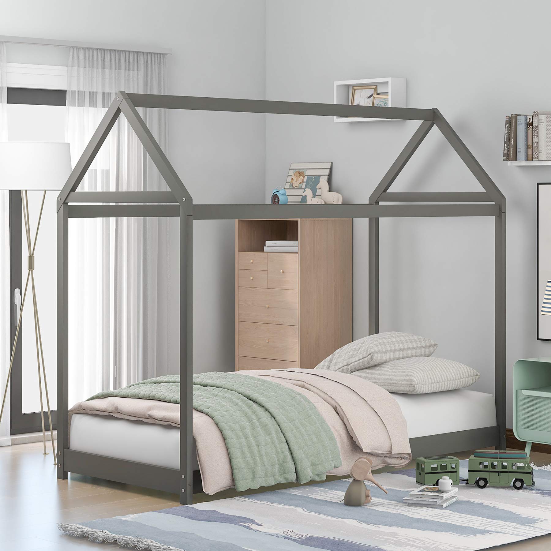 Merax Twin Size Wooden House Bed for Kids - No Spring Needed, Gray - Perfect for Boys & Girls Bedrooms, Playrooms & Cozy Sleepovers