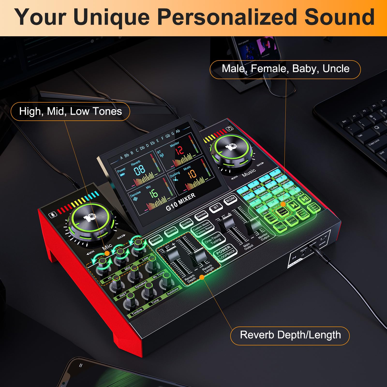 Professional Audio Mixer for PC & Phone - Live Streaming, Gaming, Singing - Compatible with 3.5mm/XLR Dynamic & 48V Microphones - DJ Mixer Effects, Voice Changer, Denoise & One-Click Mute - Perfect for Podcasting, YouTube Streaming & Home Studio Recording