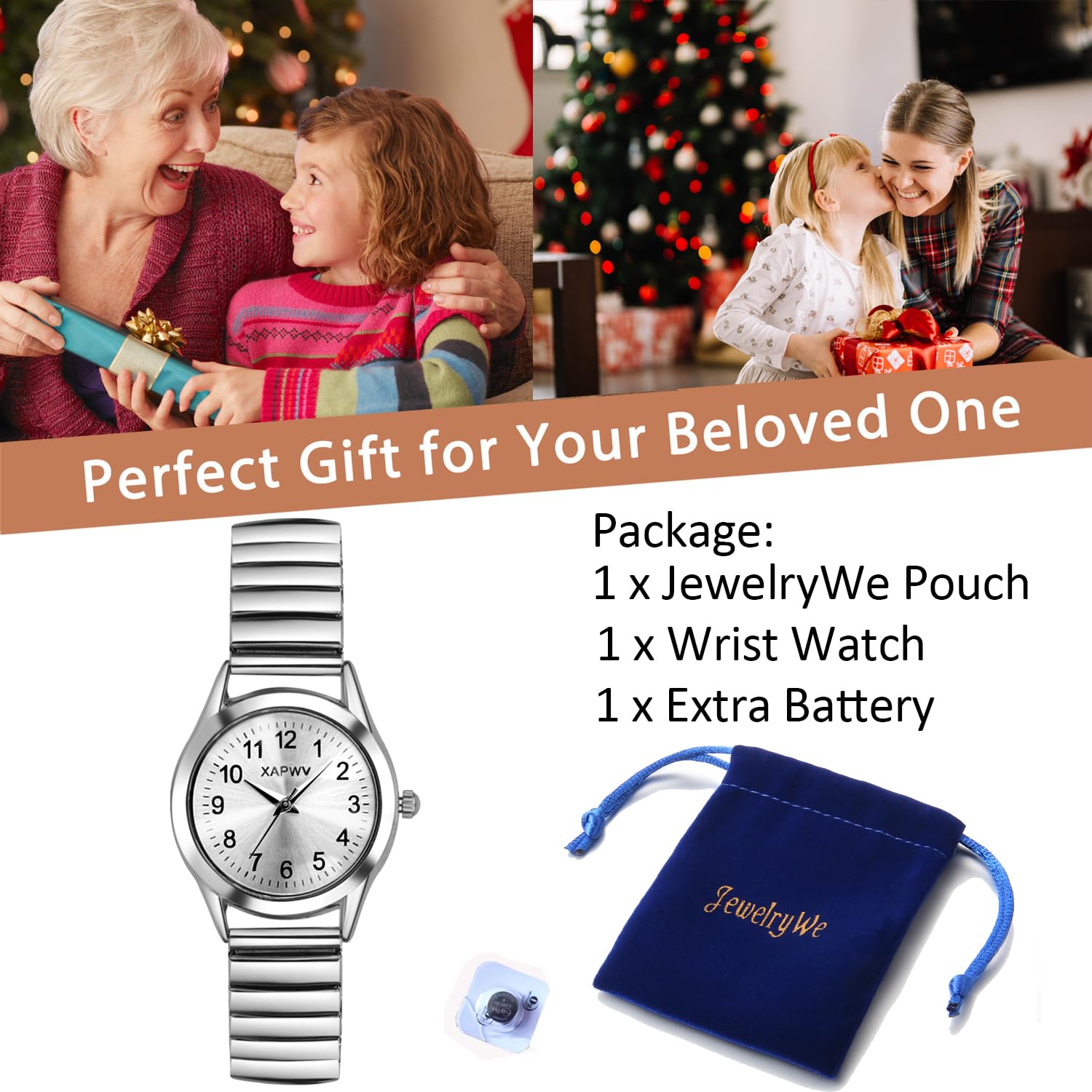 JewelryWe Women's Ultra Thin Watch - Gold/Silver Stretch Band for Easy Reading & Comfort