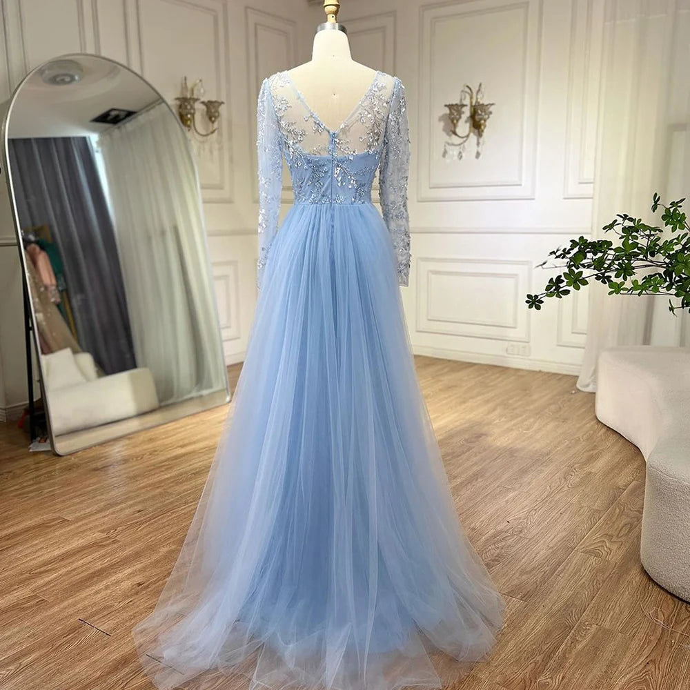 Elegant Blue Mermaid Evening Dress with Beaded Train - Luxury Arabic Wedding Gown for Women - Perfect for 2025 Bridal Party & Formal Events - Serene Hill Collection LA71851
