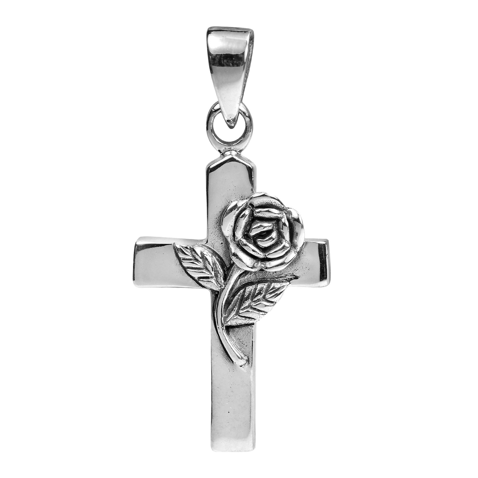 AeraVida .925 Sterling Silver Rose & Leaf Wrapped Cross Pendant Necklace for Women - Elegant Religious Jewelry Gift for Baptism, First Communion & Everyday Wear