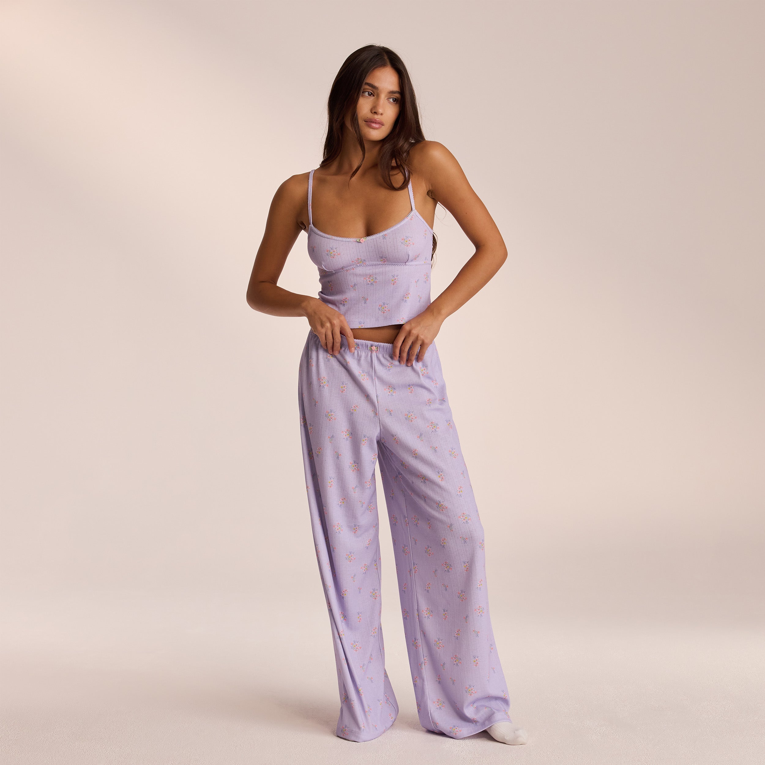 Lilac Floral Pointelle Pajama Bottoms for Women - Soft & Comfortable Sleepwear for Relaxing at Home or Lounging